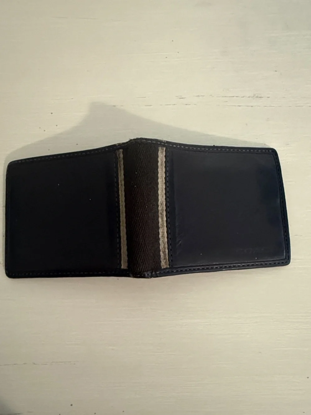 Coach Black Leather Money Clip Wallet with Tan Stripe Accent